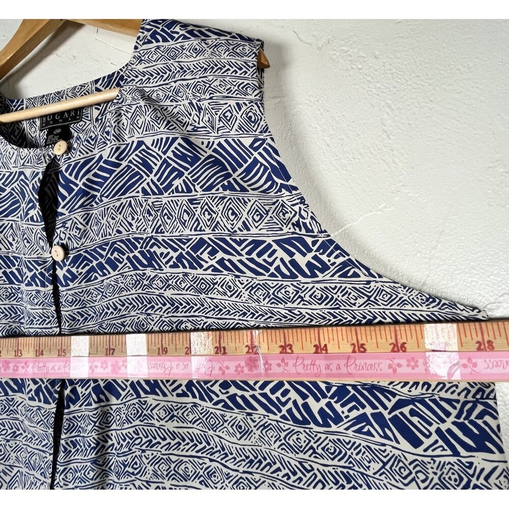 Bogari Woman 100% Silk Sleeveless Tunic Top Blue White Tribal Print Size 24W - Picture 7 of 13
